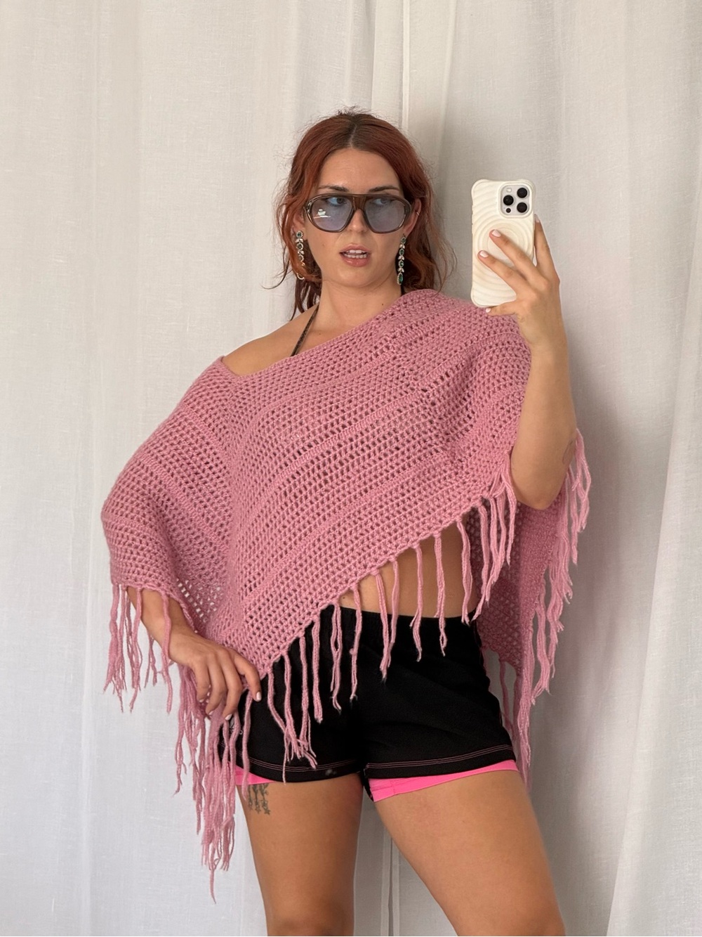 vintage pink crochet fringe poncho ♡